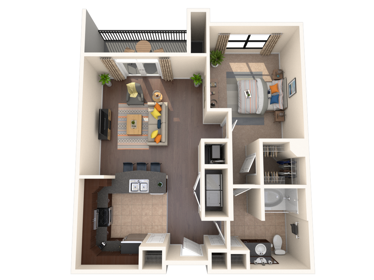 Floor plan for 1 bed, 1 bath, 835 sqft